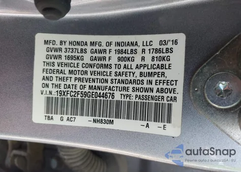 2016 Honda Civic Lx z USA, uszkodzony, nr VIN 19XFC2F59GE044676